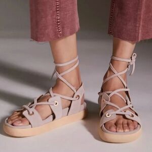 Anthropologie pink Suede tie up Gladiator Sandals EUC